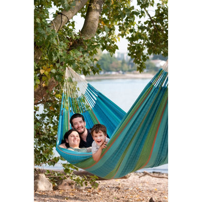Blue hammock hanging from tree