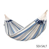 Blue and white striped two-person hammock