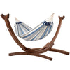 Curved wooden hammock stand and single blue and white hammock