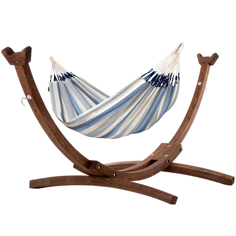 Curved wooden hammock stand and single blue and white hammock