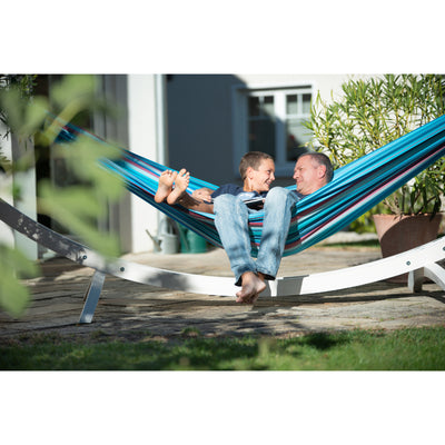 Family hammock enjoyed by father and son