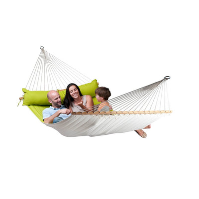 Family in large spreader bar hammock