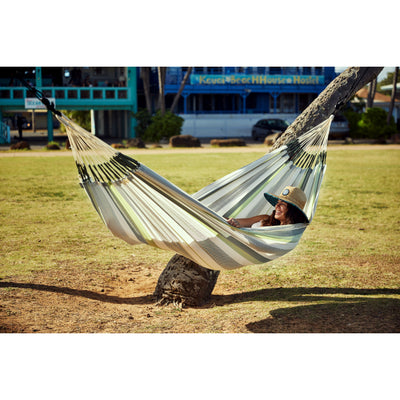 Green and white double outdoor hammock
