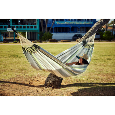 Green and white double outdoor hammock
